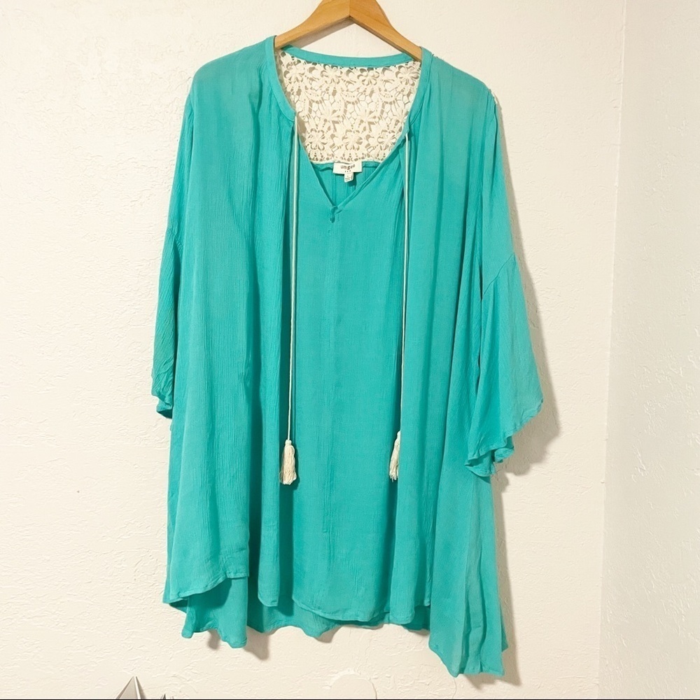 Umgee Women’s Boho Tunic Top L Lace Back Tassel Tie Flowy‎ Resort Coastal Vibes